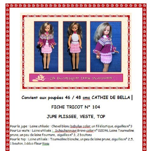Fiche patron pdf n° cb104 vêtements tricot  poupée 48/50 cms cathy bella