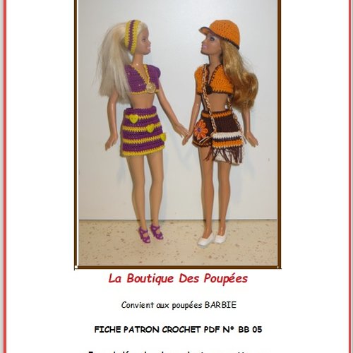 Fiche patron pdf n° bb5 : tuto pour création de 2 tenues au crochet pour poupée barbie