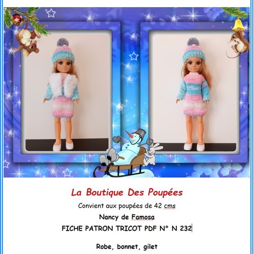 Fiche patron pdf tuto n232 vêtements tricotés pour poupée nancy famosa,
