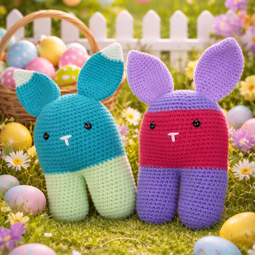Amigurumi peluche animal lapin de pâques coloré mauve et fuchsia ou vert et vert anis au crochet