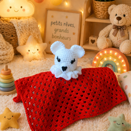 Doudou naissance souris blanche amigurumi au crochet