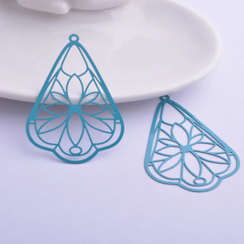 2 estampes gouttes filigranes - 50 x 32 mm - laiton peint - coloris vert foncé