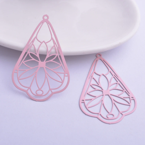 2 estampes gouttes filigranes - 50 x 32 mm - laiton peint - coloris rose