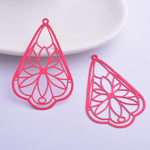 2 estampes gouttes filigranes - 50 x 32 mm - laiton peint - coloris fuchsia