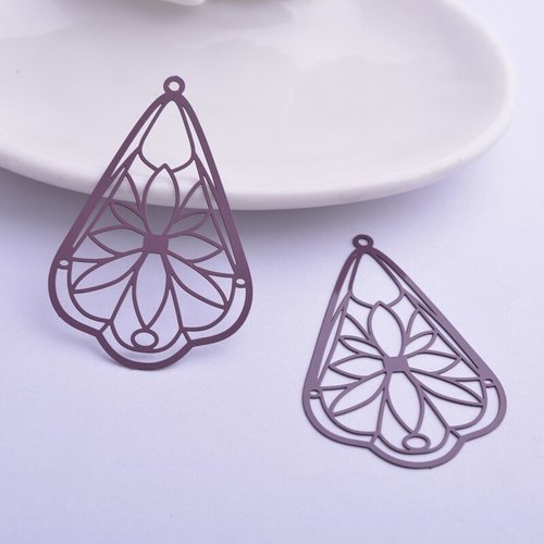 2 estampes gouttes filigranes - 50 x 32 mm - laiton peint - coloris pourpre
