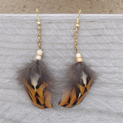 Boucles d'oreilles plumes naturelles de faisan marron orangé, beige et noir
