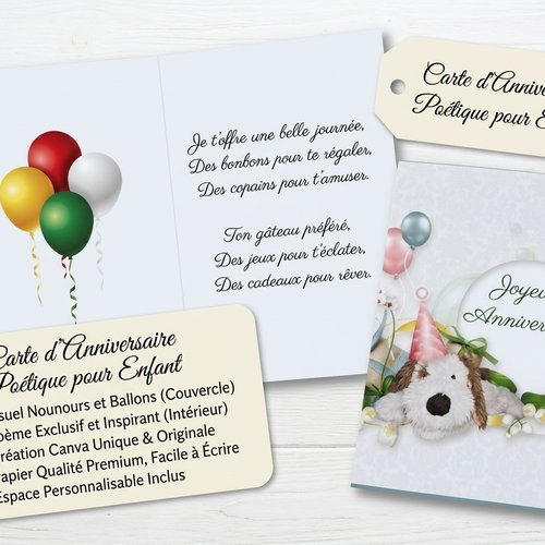 Carte d'anniversaire enfant avec poème original – illustration chien & ballons – création artisanale