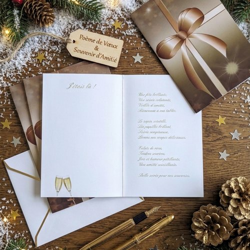 Carte de vœux & mini livre d'or "j'étais là !" – motif nœud doré, poème inédit réveillon