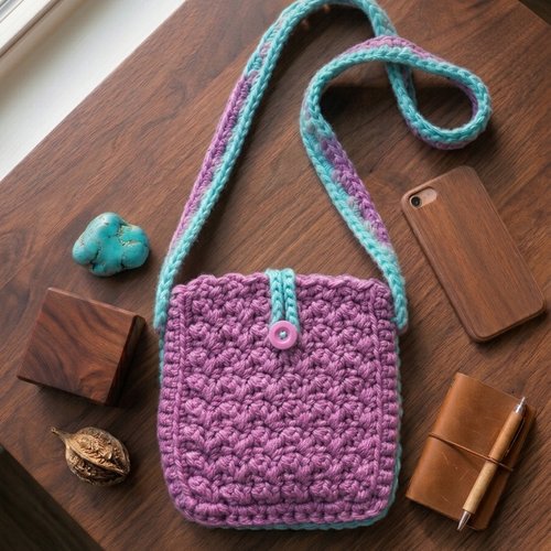 Petit sac bandoulière au crochet fait main – rose et turquoise
