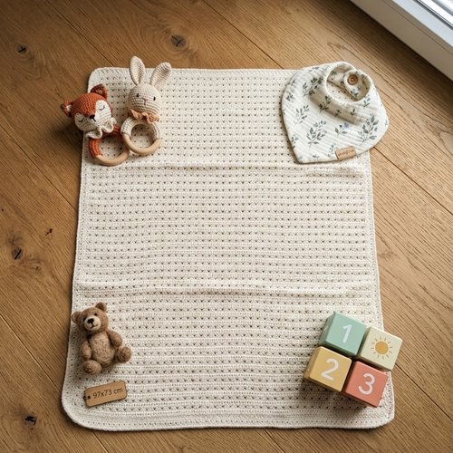 Couverture bébé au crochet en laine d’agneau blanc ecru (97x73 cm) | fait main
