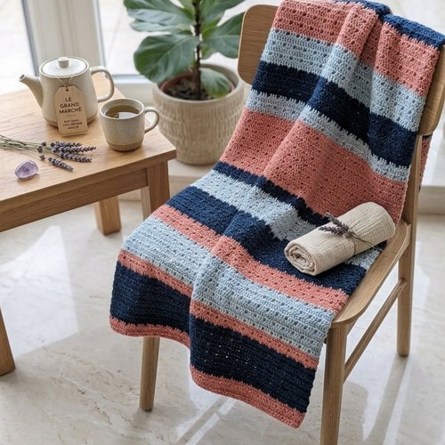 Grande couverture fait main (97x148 cm) rayures marine, rose & bleu ciel