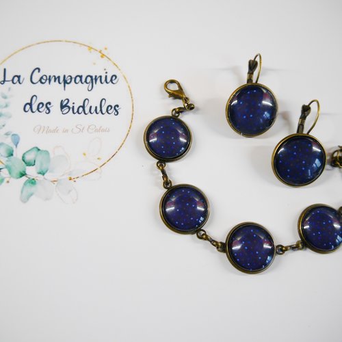 Parure bijoux, bracelet et boucles et d'oreilles, métal de couleur bronze, motif  bleu pois or