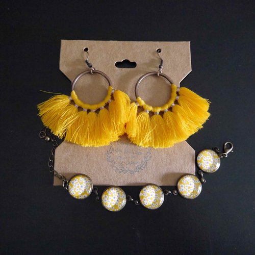 Parure bijoux, bracelet et boucles et d'oreilles pompons, métal de couleur bronze, motif fleuri jaune