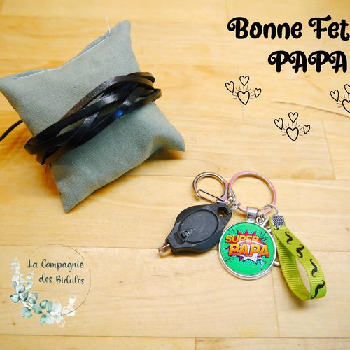 Cadeau spécial papa, bracelet et porte clés "super papa" vert