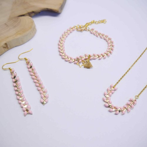 Parure bijoux, collier, bracelet et boucles d'oreilles  rose et doré