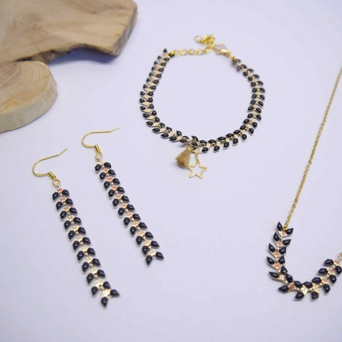 Parure bijoux, collier, bracelet et boucles d'oreilles  dorées et noires