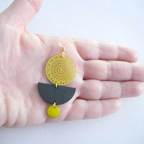 Boucles D'Oreilles Plaqué Or+Agate Noire Demi-Cercles | L&M
