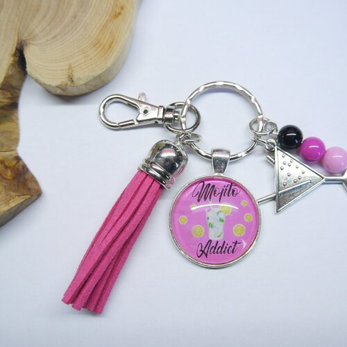 Porte-clés personnalisé rose - idée cadeau femme - porte clé inscription mojito addict | cadeau copine, amie,