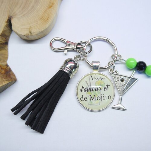 Porte-clés personnalisé  - idée cadeau femme - porte clé inscription d'amour et de mojito | cadeau copine, pompon noir et perles v