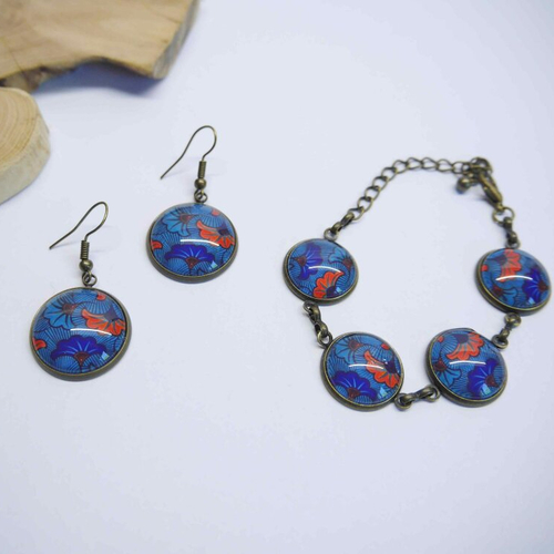 Ensemble boucles d'oreilles et bracelet turquoise - bracelet en wax bleu et rouge | bijoux artisanaux en verre - motifs fleuris tendance