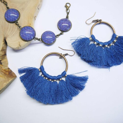 Parure boucles d'oreilles pompons et bracelet bleu - bracelet  bleu  | bijoux artisanaux en verre - motifs tendance