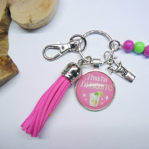Porte-clés personnalisé rose - idée cadeau femme - porte clé inscription j'peux pas j'ai mojito | cadeau copine, amie, evjf