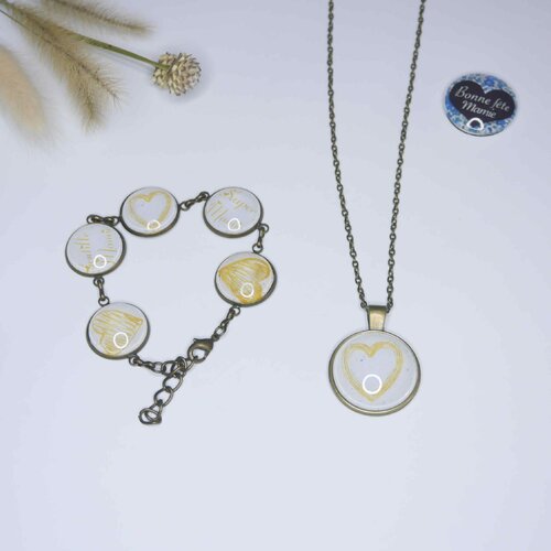 Parure bijoux pour la fête des mamies, collier et bracelet coeur or, un magnet offert