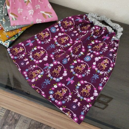 Serviette de table, serviette de cantine élastique pour enfant / motifs faon, violet et couronne de fleur
