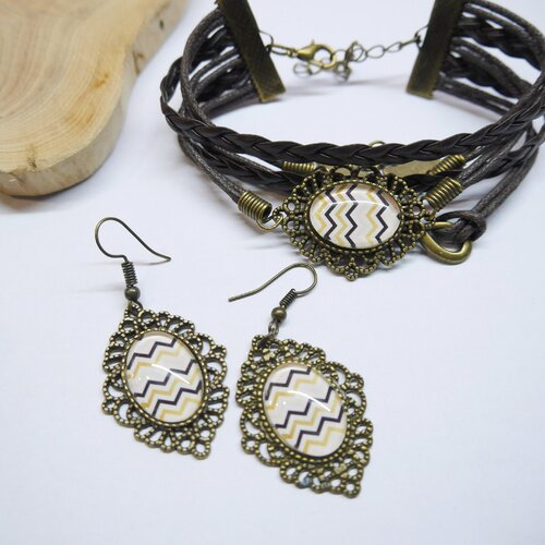Boucles d'oreilles bracelet cuir motif zig zag |  boucles d'oreilles et bracelet motif géométique | idée cadeau femme