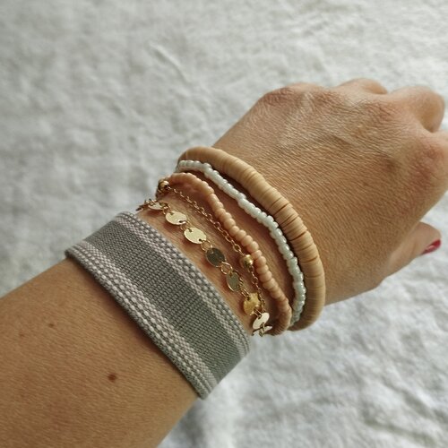 Ensemble de  bracelets doré, rose et gris/ style boheme / modèle unique / bracelet tissus et perles