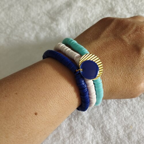 Ensemble de  bracelets bleus perle en caoutchouc/ style boheme / modèle unique / breloque bleu