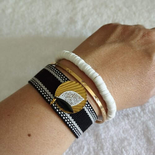 Ensemble de 3 bracelets noir et or / style boheme / modèle unique / bracelet jonc doré, bracelet tissus et perles