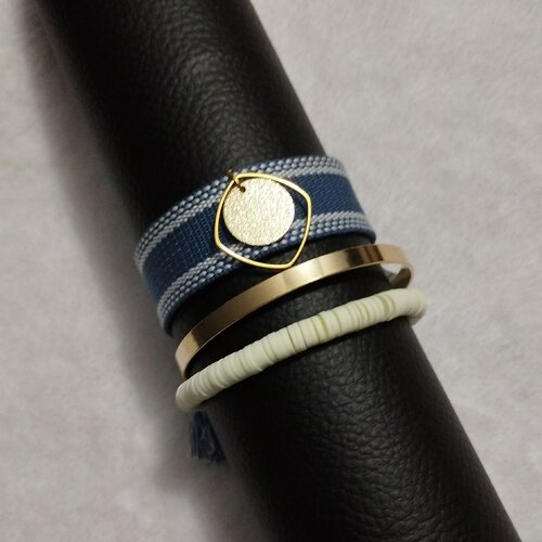 Ensemble de 3 bracelets bleu et or / style bohème / modèle unique / bracelet jonc, tissus et caoutchouc