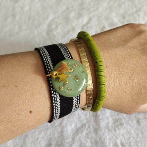 Ensemble de 3 bracelets vert et noir / style boheme / modèle unique / bracelet jonc, tissus et caoutchouc