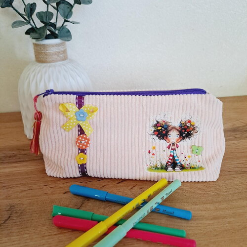 Trousse d'école - trousse à bazar en velours rose – design unique