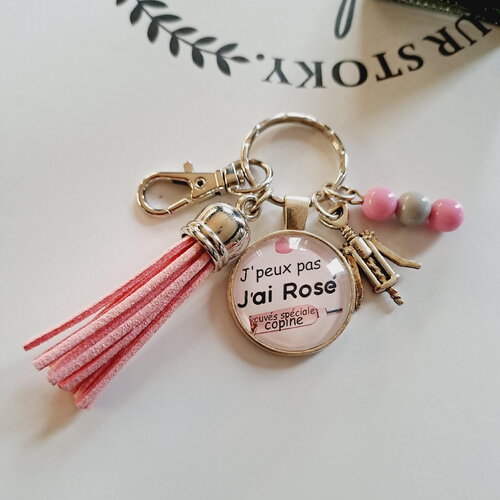 Porte-clés vin j'peux pas j'ai rosé; pompon rose -  - j'peux pas j'ai rosé – cadeau femme, bijou de sac original
