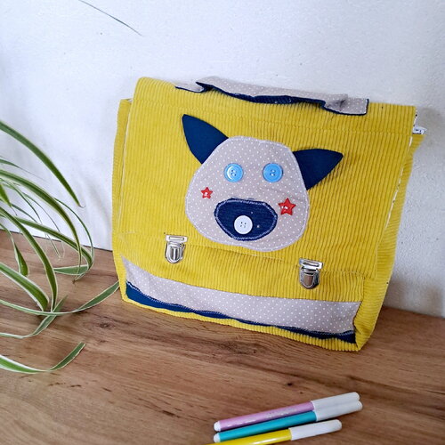 Cartable maternelle jaune, sac cartable ; drôle de bête