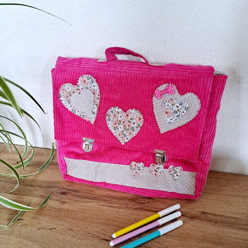 Cartable maternelle rose, sac cartable cœur liberty