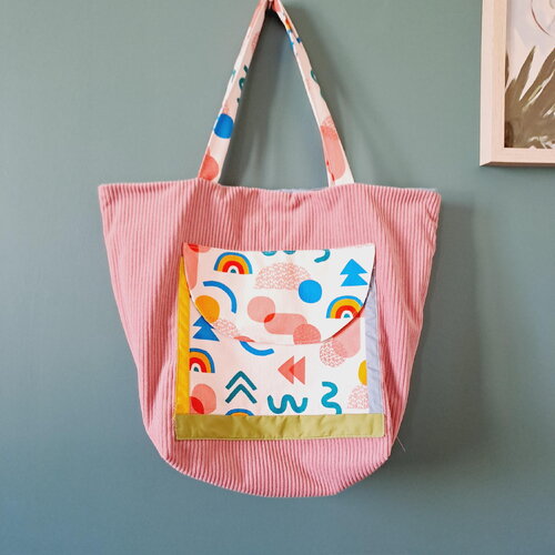 Sac cabas - sac à main - fourre tout - velours rose motifs géométrique