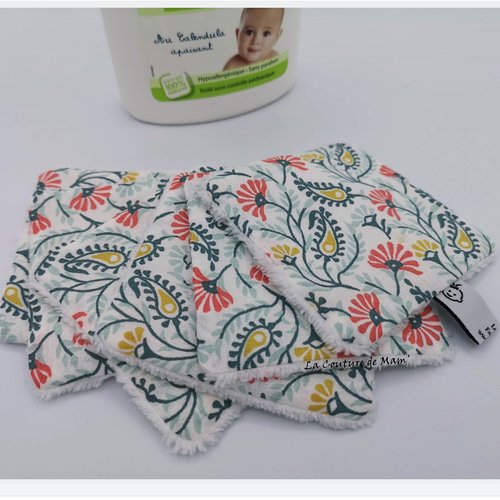 Lingettes motif fleurs roses et jaunes - lot de 6 - 9cmx9cm