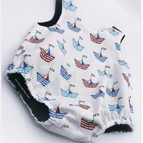 Barboteuse doublée petit bateau bleu et rouge - 6/12 mois