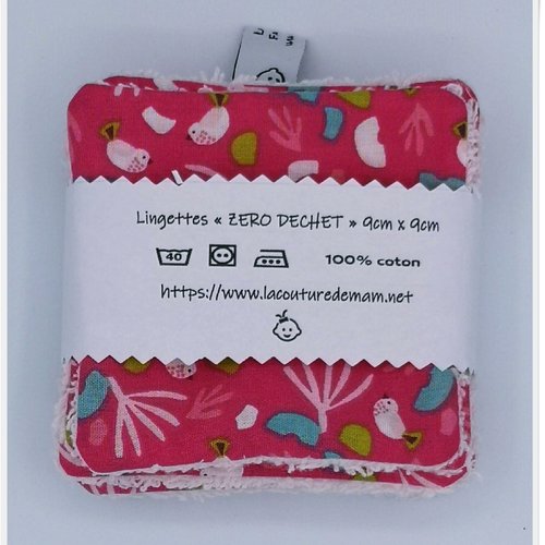 Lingettes lavables - rose fleurs et oiseaux cerise - lot de 6