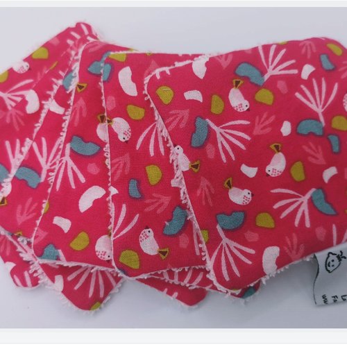 Lingettes lavables - rose fleurs et oiseaux cerise - lot de 6