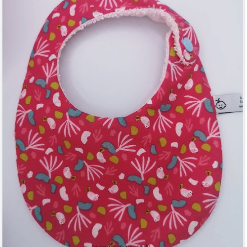 Bavoir 6 mois - rose fleurs et oiseaux cerise