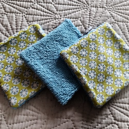 Lingettes lavables - rosace bleue fond vert pomme - lot de 3