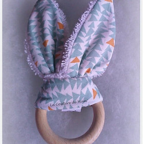 Anneau dentition bébé bois naturel - hochet oreilles lapin sapin