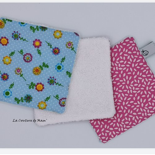 Lingettes motif fleurs et grains de riz - lot de 3 - 12cmx12cm