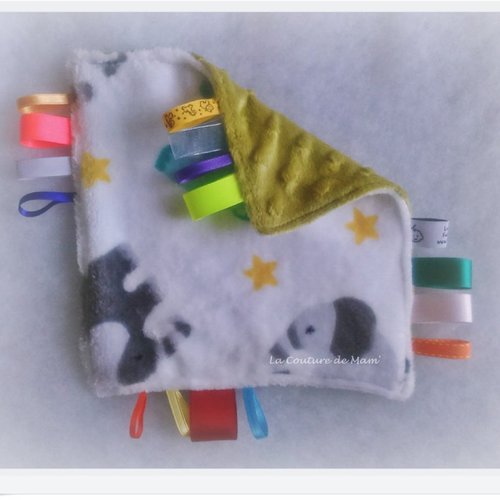 Doudou plat aux étiquettes elephant blanc/vert