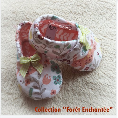 Chaussons bébé en coton matelassé – forêt enchantée – fait main – oeko-tex