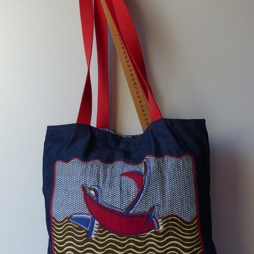 Sac cabas"vogue le bateau" jean et tissu wak, port à l'épaule 